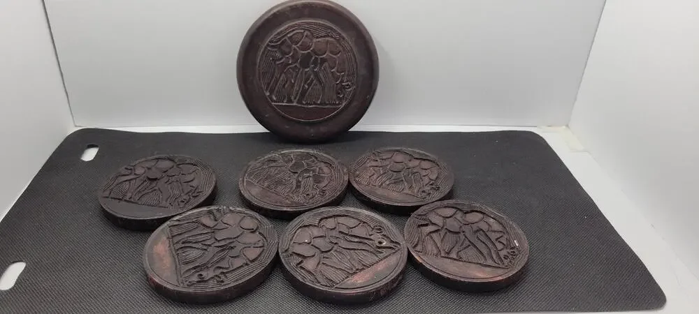 Set of 6 Hand Carved Wooden Drink Coasters Round Abstract Nature Design